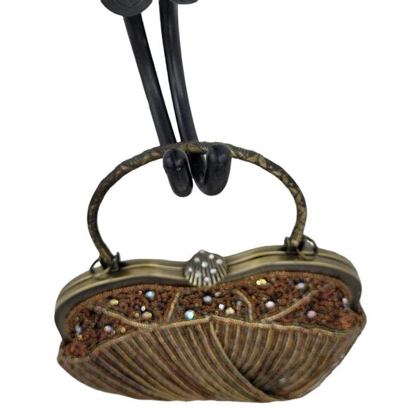 Vtg Baguette Formal Beaded Fringe Framed Kiss Closure Top‎ Handle Bronze - Picture 5 of 11